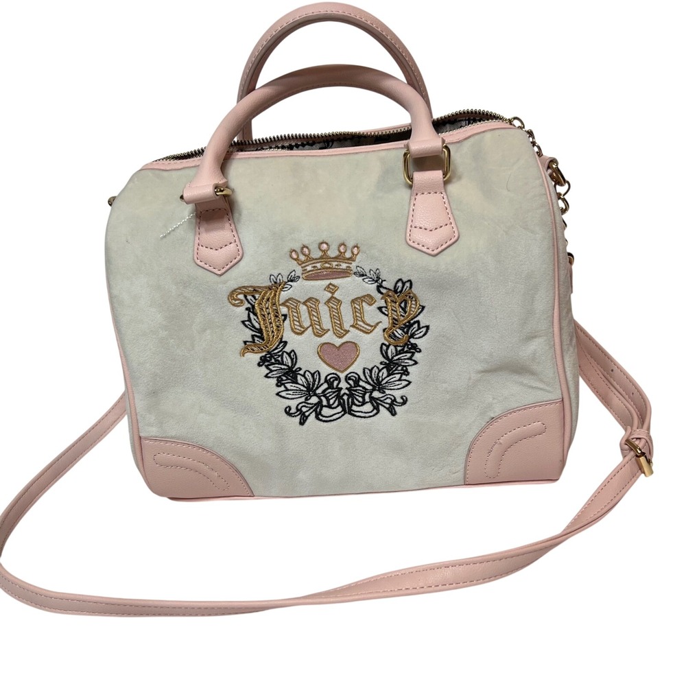Juicy Couture Velour Satchel Bag Pink Cream Embroidered Crest Crossbody Y2K
